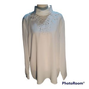 🎀 BFA Classics 18W, Lace Embroidered Neck, White Long Sleeve Dressy Blouse, But